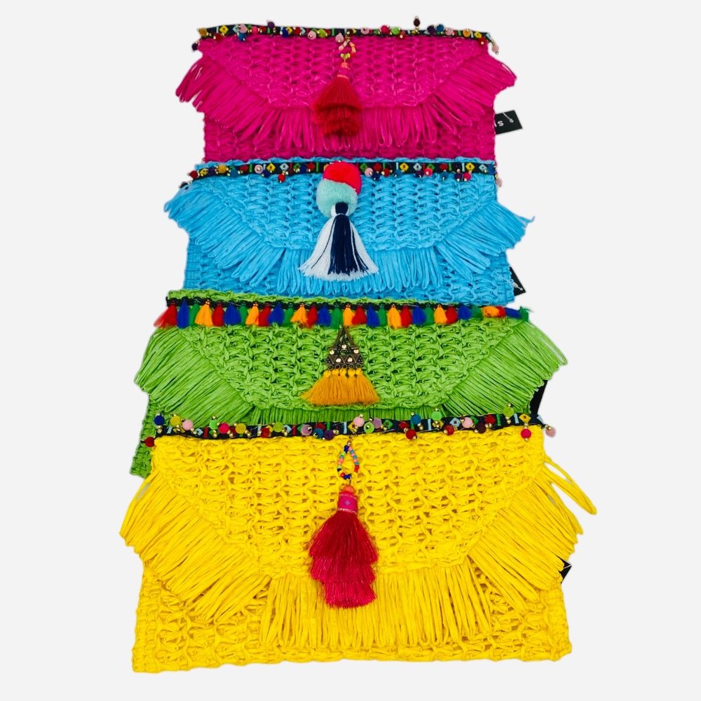 Straw Clutch Bag with Bead and Tassel Detail